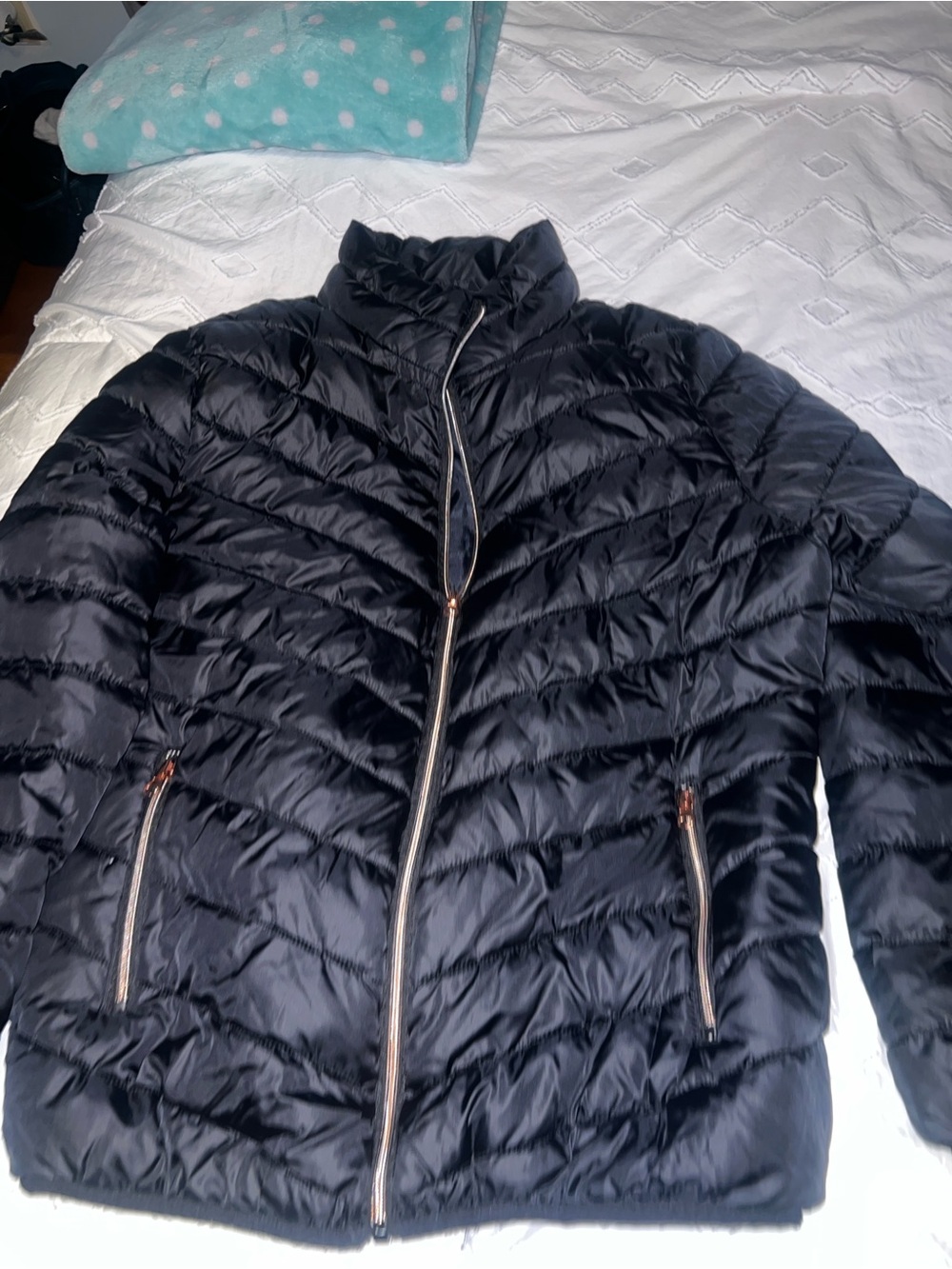 Big Chill Black Quilted Puffer Jacket with Rose Gold Zippers